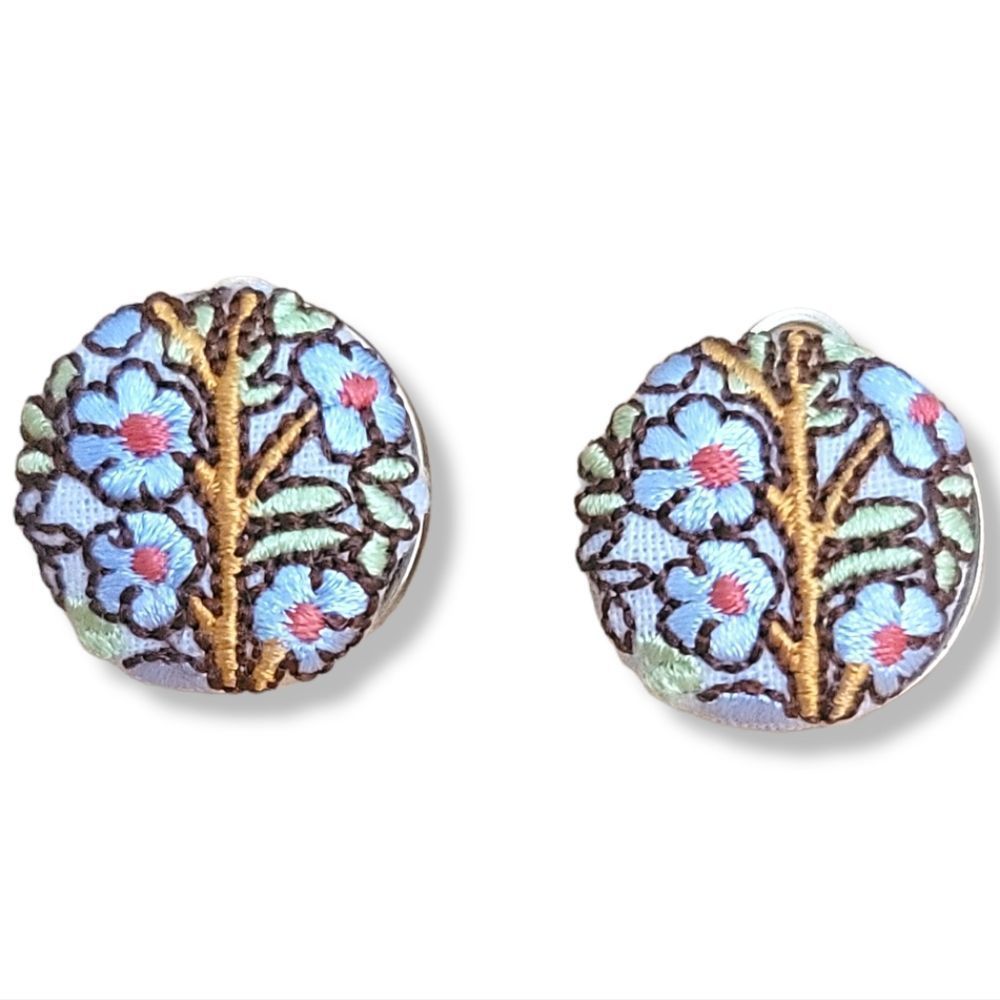Colorful floral embroidered button earrings